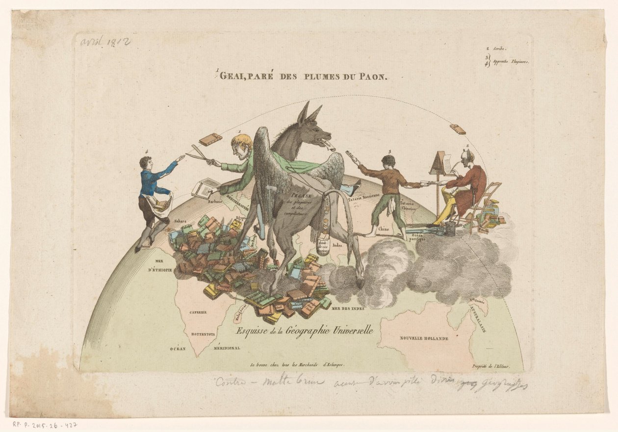 Spotprent op de Geographies Universelle av Conrad Malthe-Brun Sketch of Universal Geography (titel på objekt) av Anonymous