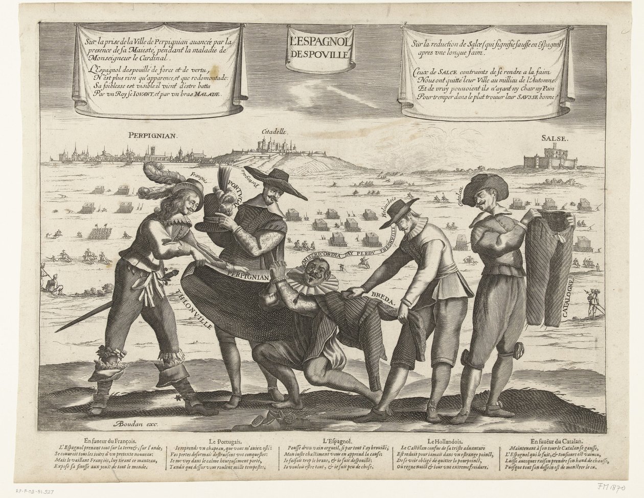 Tecknad film om spanjorerna efter förlusten av Breda, Thionville, Perpignan, Portugal och Katalonien, 1643 L