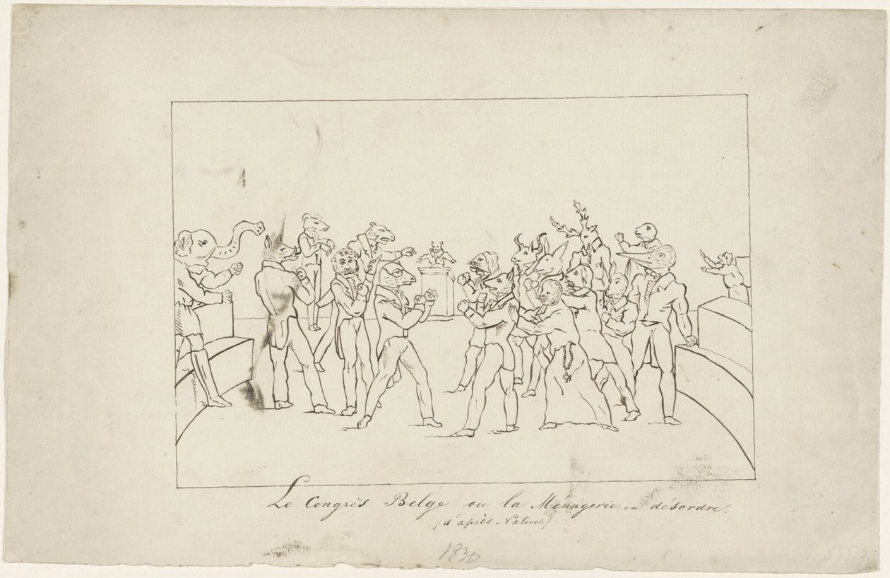 Tecknad serie som skildrar oenigheten i den belgiska nationalkongressen om valet av en kung, 1831 Le Congress Belge ou la Menagerie en désordre. (d