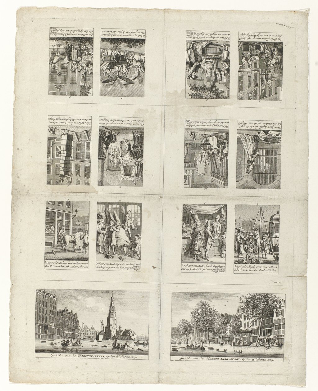 Tecknade filmer om mode och två vyer av Amsterdam under översvämningarna 1775 av Anonymous