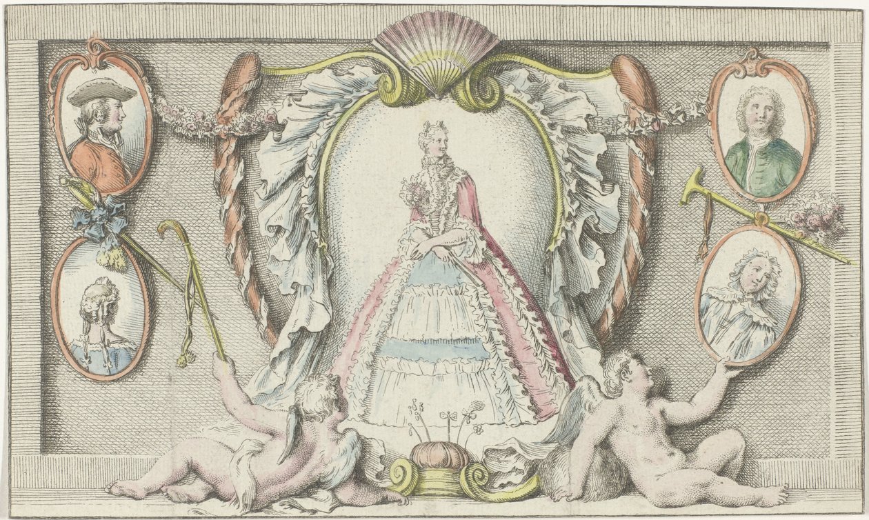 Stående kvinna, två putti och fyra medaljonger Utformar 1730-talet Mercure de France (serietitel) av Anonymous