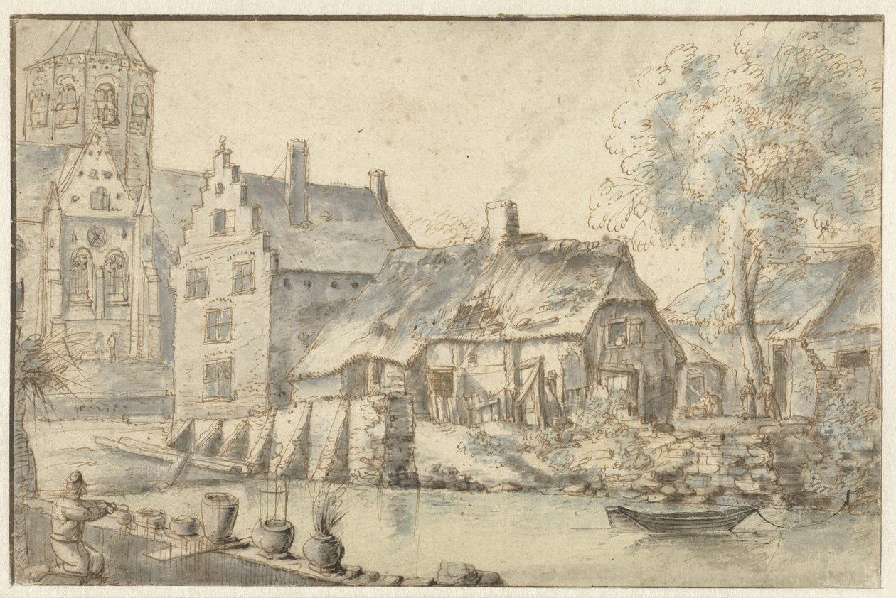 Stadsbild med en stor kyrka av Anonymous