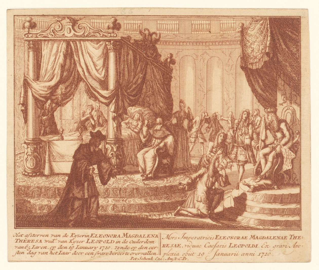 Dödsbädd av kejsarinnan Eleanor av Pfalz-Neuburg, 19 januari 1720 Kyserin Eleonora Magdalena Theresa Woads död. av Kyser Leopold i en ålder av 65 Iaren (...) (titel på objekt) av Anonymous