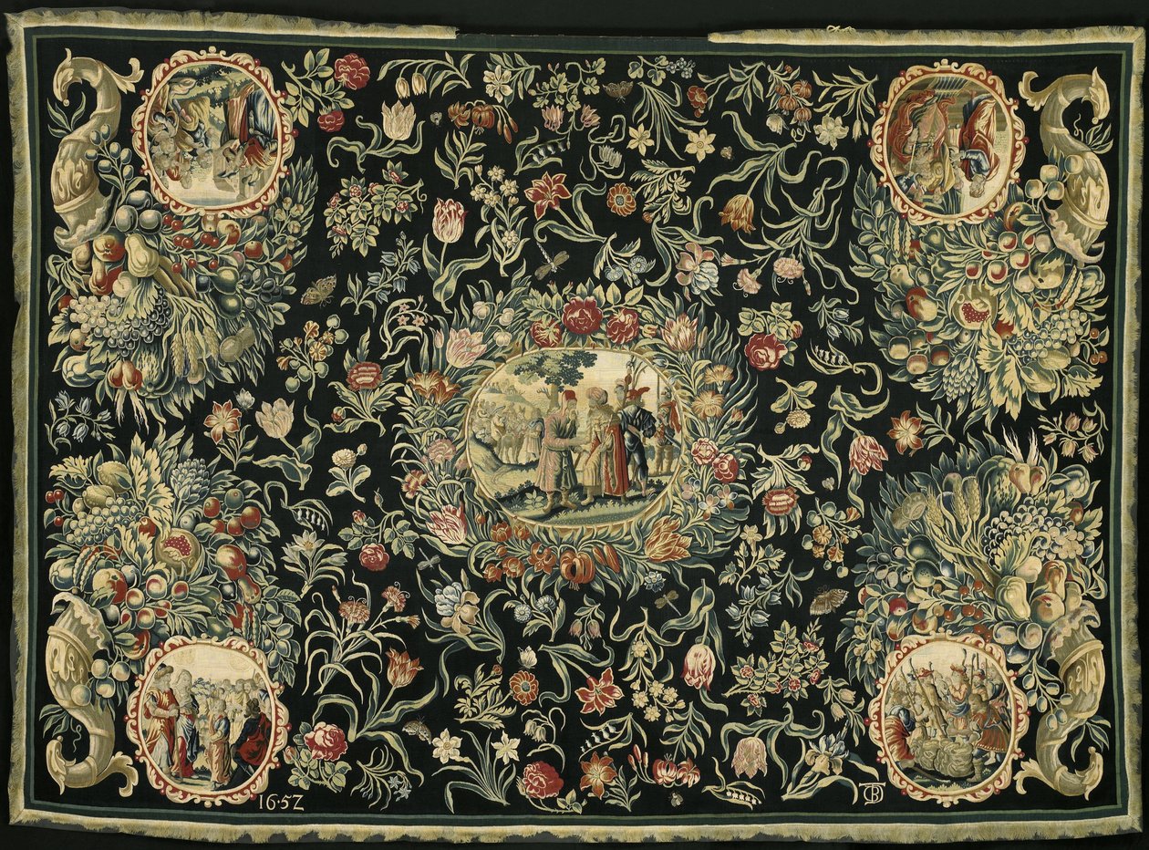 Duk med Josefs historia och ett blommönster av Anonymous