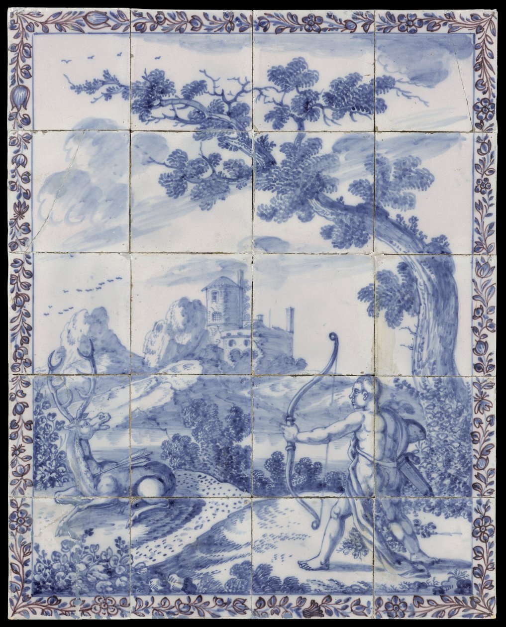 Tile Tableau med ett landskap med mytologisk representation i blått: Cyparissus förändras till en cypress av Anonymous