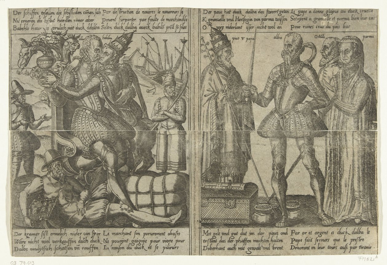 Medan Alva älskar Babylons hora, faller landets ekonomi i förfall / Margareta av Parma, Granvelle och påven stödjer Alvas mission, ca 1567-1572 Alvas uppdrag i Nederländerna och konsekvenserna av hans tyranni (kopior), 1572 (serie av Anonymous