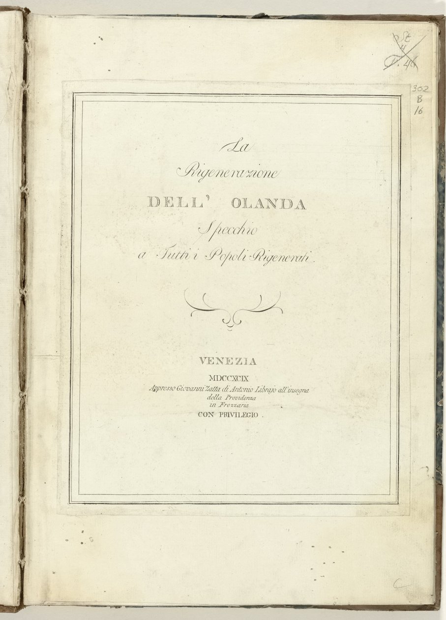 Sidtitel för: The regeneration of Holland, 1799 Hollands förnyelse: en spegel för alla återskapade folk (titel på objekt) Hollandia Regenerata (Italiensk kopie) (serietitel) av Anonymous