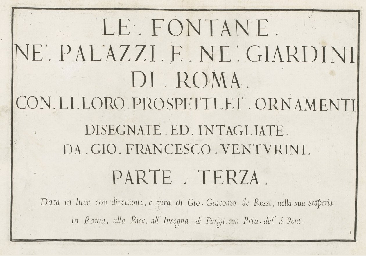 Titeltryck med inramad titel Le fontane ne palazzi e ne giardini di Roma (serietitel) Fontäner i Roms palats och trädgårdar (serietitel) av Anonymous