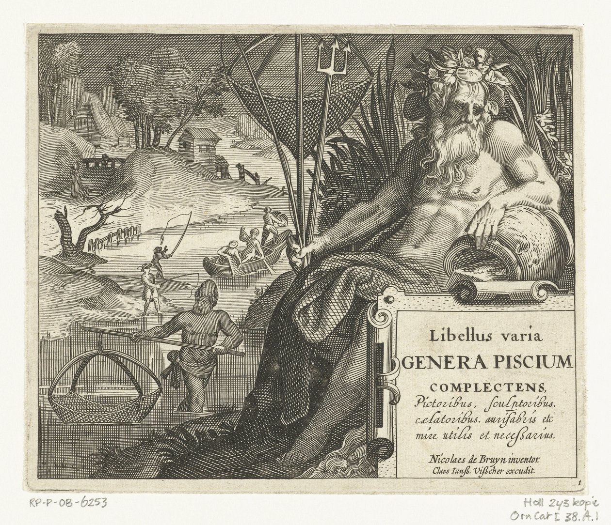 Titeltryck med titel och flodgud med treudd och fiskenät i ett landskap med fiskare Libelivs varia Genera piscium complectens (serietitel) Sötvattensfisk, havsfisk, grodor, kräftdjur och havsdjur (serietitel) av Anonymous