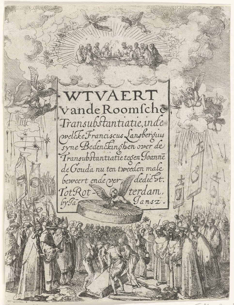 Titeltryck för broschyren Wtvaert vande Roman Transubstantiatie, 1612 Wtvaert vande Roman Transsubstantiation, i den welcke Franciscus Lansbergius syne Bedenckinghen om Transsubstantiationen mot Joannes de Gouda hävdar nu för andra gången ende v av Anonymous