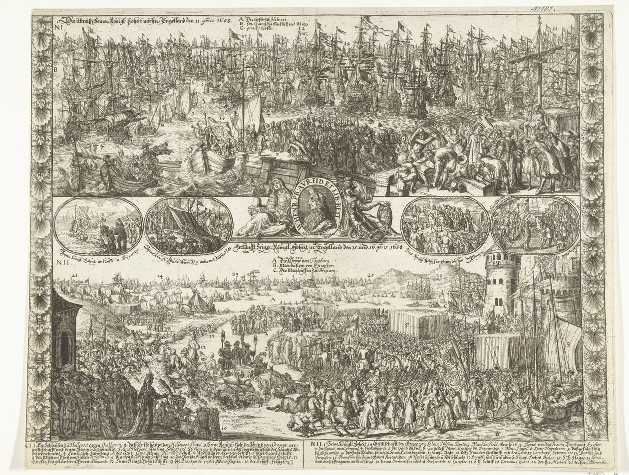 Willem III:s dotter till England, 1688 The demolition of His kings: Highness in England on November 11, 1688 / Arrival of His kings: Highness in England on November 15 and 16, 1688 (titel på objekt) av Anonymous