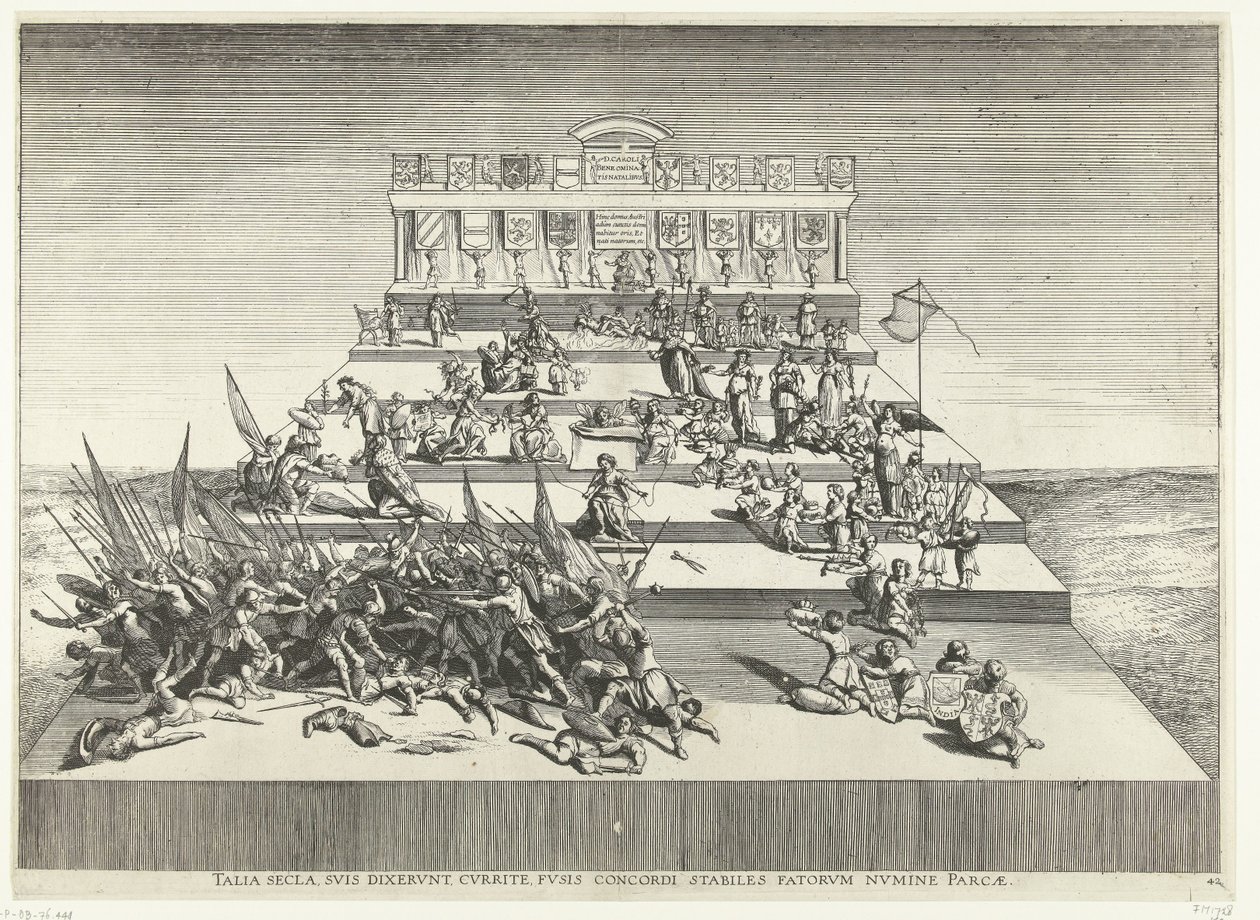 Toneelvoorstelling over oorlog en vrede; intocht van Ferdinand te Gent 1635 (nr 42) Sådana århundraden, sa de till sina egna, springa, med spindlar i harmoni, stabila, skonade av ödets gud (titel på objektet) Genethliacon Theatre of Charles V av Anonymous