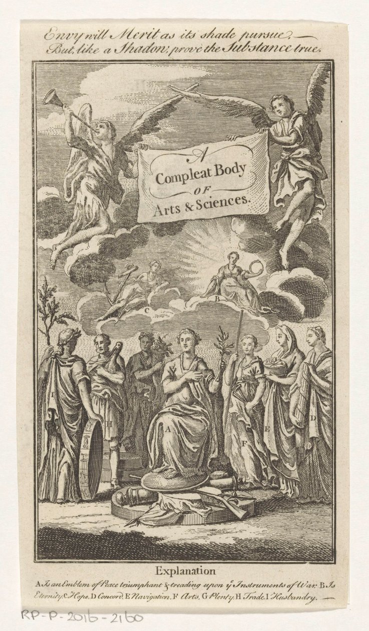 Triomf van Vrede En komplett Body of Arts & Sciences (titel på objekt) Titelsida för: S.n., The Universal Magazin of Knowledge and Pleasure Vol III, 1748 av Anonymous
