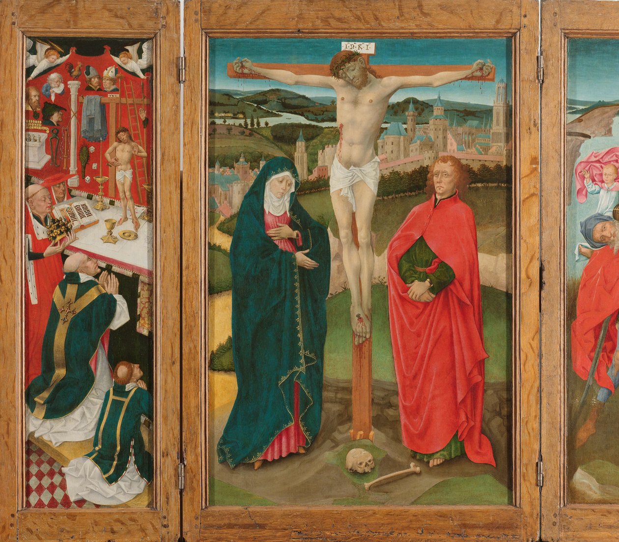 Triptyk med korsfästelsen Triptyk med korsfästelsen (mittpanelen), Sankt Gregorius mässa (inre vänstra flygeln), Sankt Christopher (inre högra flygeln) och Maria bebådelsen (yttre vingar) av Anonymous