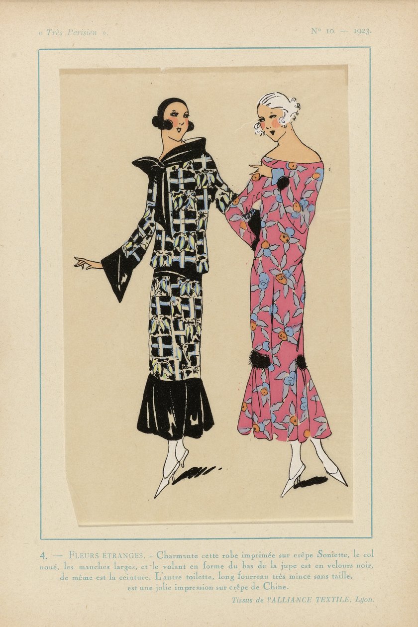 Mycket parisisk, 1923, nr 10: 4. - KONSTIGA BLOMMOR. - Charmig den här klänningen med tryck... av Anonymous