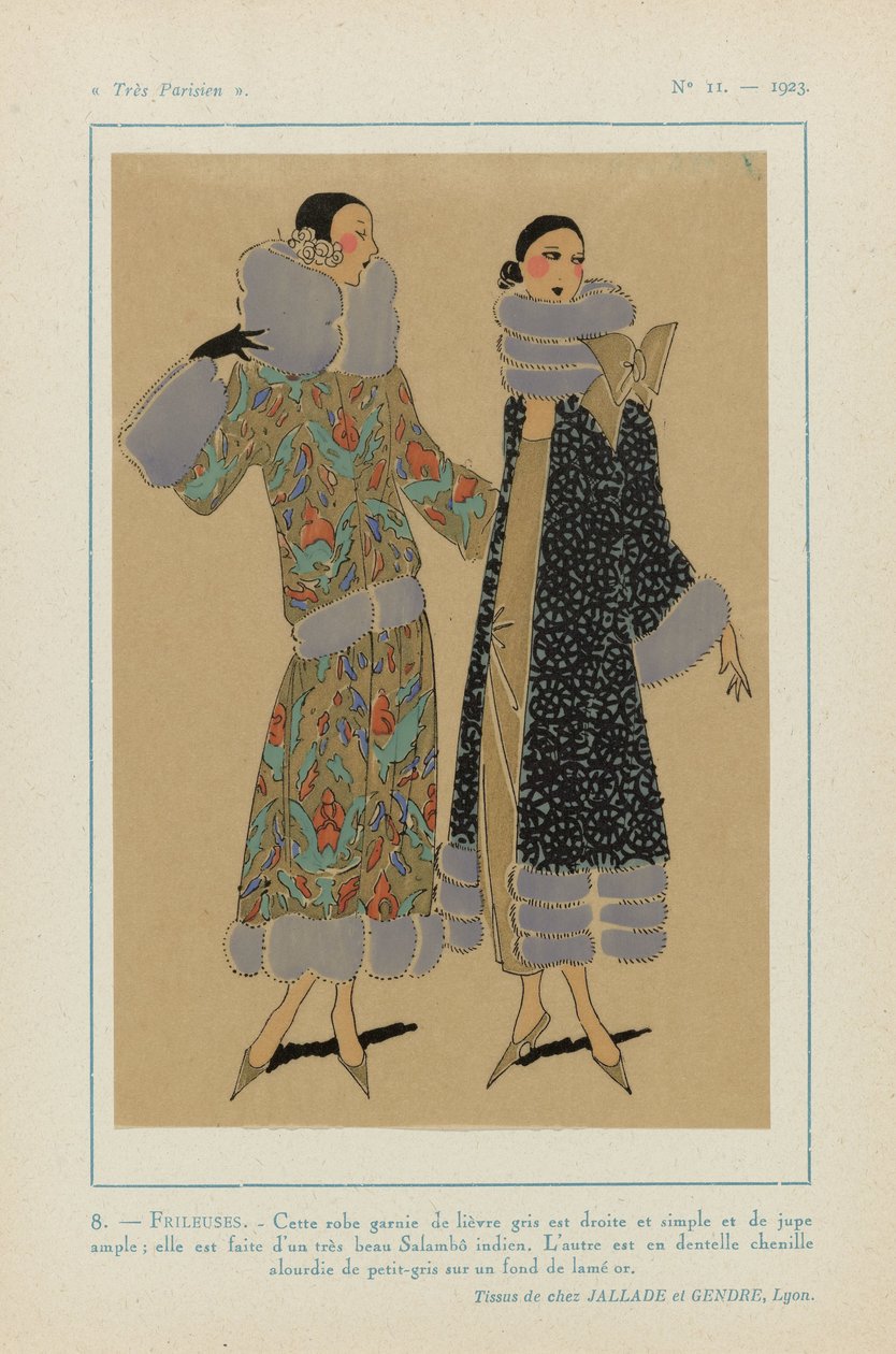 Mycket parisisk, 1923, nr 11: 8. - FRILEUSES. - Den här klänningen trimmad med grå hare... av Anonymous