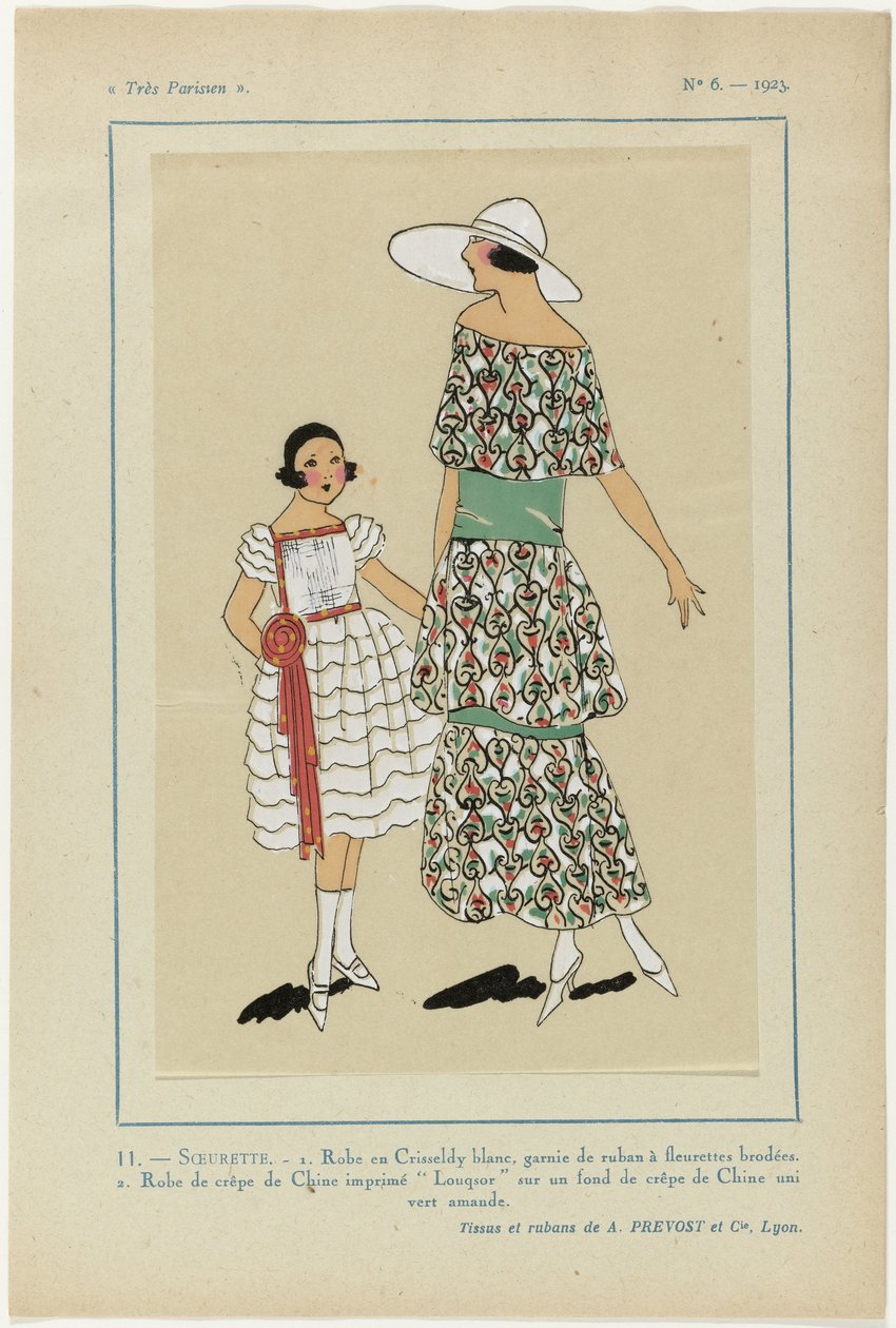 Mycket parisisk, 1923, nr 6: 11.-SOEURETTE. - 1. Vit Crisseldy klänning... av Anonymous