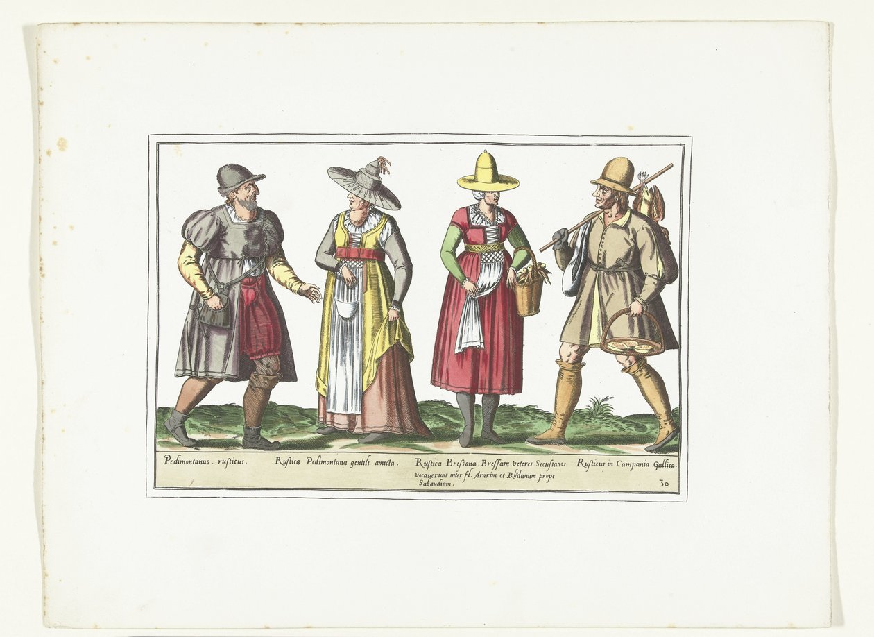 Två bönder och två bondkvinnor klädda i italienskt mode, ca 1580 Kostymer italienare (titel på objekt) av Anonymous