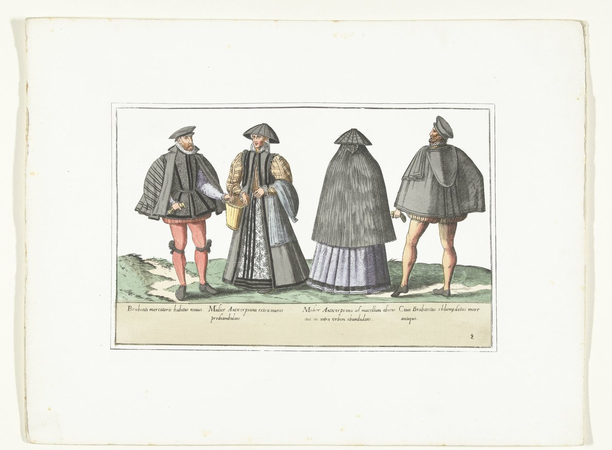 Två män och två kvinnor klädde sig enligt modet i Antwerpen och Brabant, ca 1580 Costumes civils des Pays-Bas (titel på objekt) av Anonymous