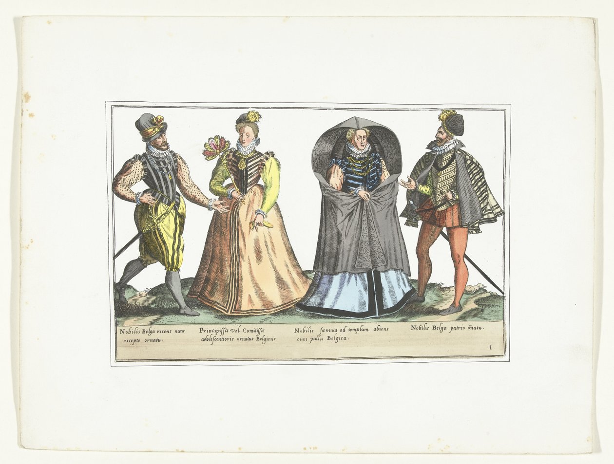 Två män och två kvinnor klädde sig enligt modet i Nederländerna, ca 1580 Costumes civils des Pays-Bas (titel på objekt) av Anonymous