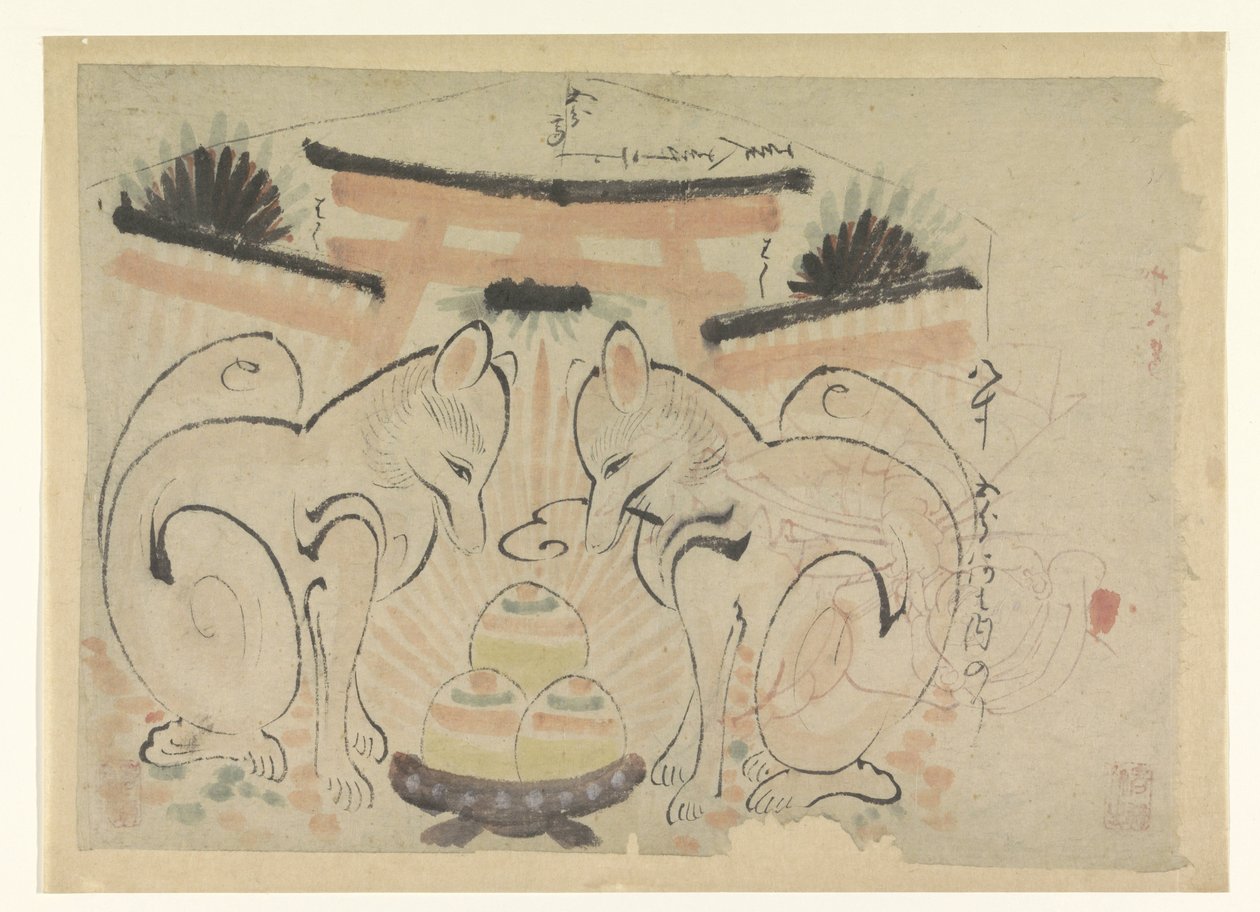 Två rävar vid ett japanskt tempel av Anonymous