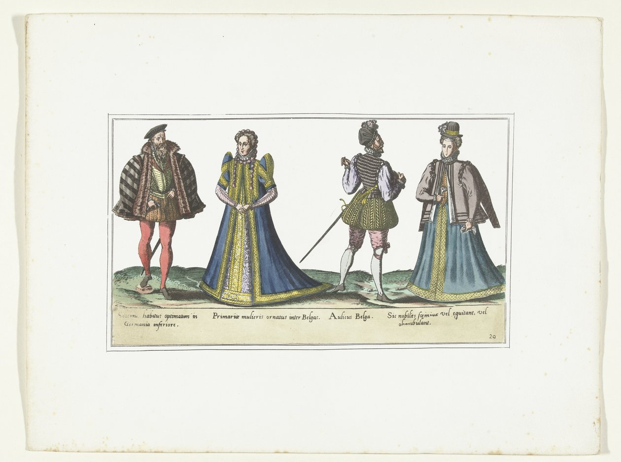 Två kvinnor och två män klädda enligt modet i Nordrhein-Westfalen och Flandern, ca 1580 Kostymer Bas-Allemands et Flamands (titel på objekt) av Anonymous