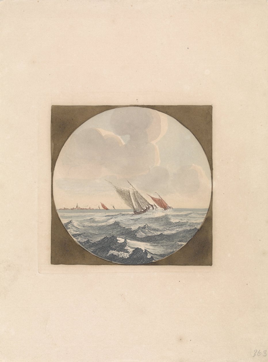 Två segelfartyg till havs och en stad vid kusten Ships at Sea (serie B) (serietitel) av Anonymous