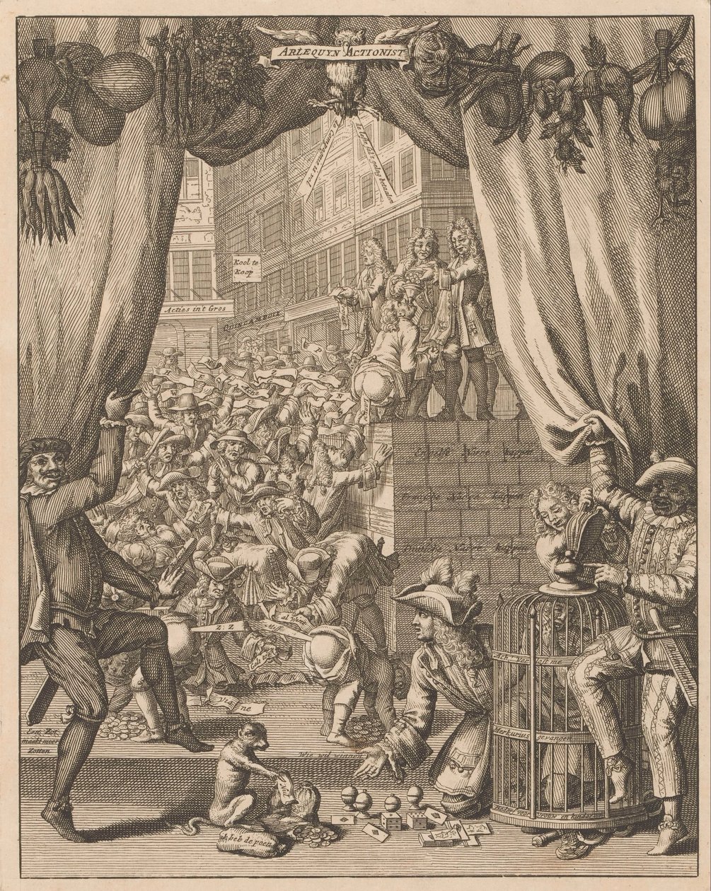 Förklaring av plattan Harlequin Actionist, 1720 Arlequyn Actionist (titel på objekt) Förklaring av Tytelplaat, för Arlequyn Actionist (titel på objekt) The Great Scene of Folly (serietitel) av Anonymous