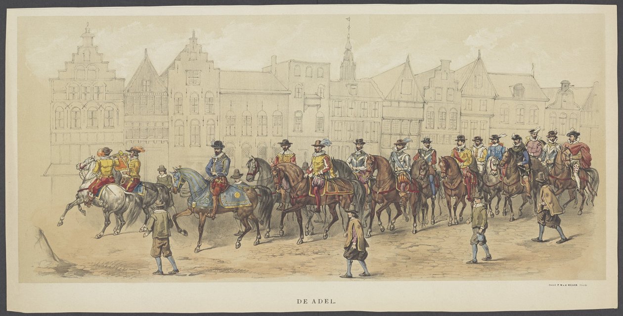 Utrechts maskerad, skylt a: adeln, 1856 Adeln. (titel på objekt) The Founders of Dutch Freedom, (tid av William I) presenterad av H.H. medlemmar av Utrecht studentkår, för att fira 220-årsjubileet av Utrechtsche Hooge av Anonymous