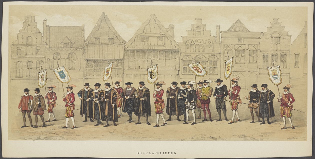 Utrecht Masquerade, plåt c: Statsmän, 1856 Statsmännen (titel på objekt) The Founders of Dutch Freedom, (tid av William I) presenterad av H.H. medlemmar av Utrecht studentkår, för att fira 220-årsjubileet av Utrecht University av Anonymous