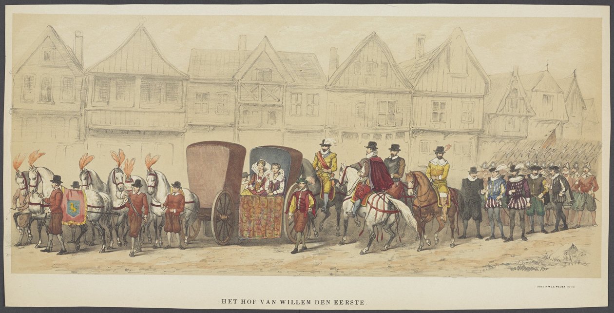 Utrechts maskerad, tavla e: hovet, 1856 Domstolen i Willem den Eerste (titel på föremålet) The Founders of Dutch Freedom, (tid av William I) presenterad av H.H. medlemmar av Utrecht studentkår, för att fira dess 220-årsjubileum av Anonymous
