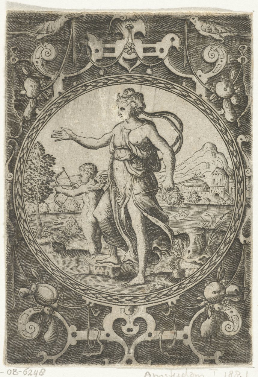 Venus och Amor Medaljonger med figurer från domen i Paris i en ram av beslag med girlanger (serietitel) av Anonymous