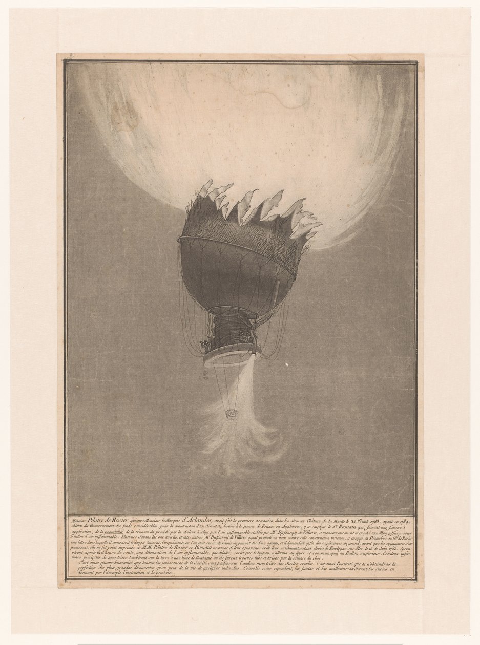 Verongelukken van de luchtballon van Pilatre de Rozier en Romain boven Boulogne, 15 juni 1785 Ascension ödelagd av Pilatre de Rosier och Romain, vid Château de la Muette den 21 november 1783, efter att ha erhållit betydande medel från regeringen 1784 av Anonymous