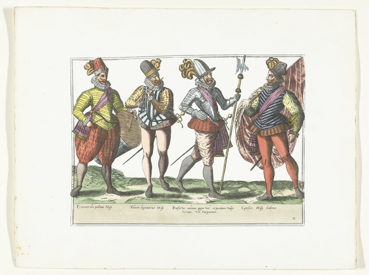 Fyra spanska soldater i uniform, ca 1580 Dräkter militära Espagnols (titel på objekt) av Anonymous