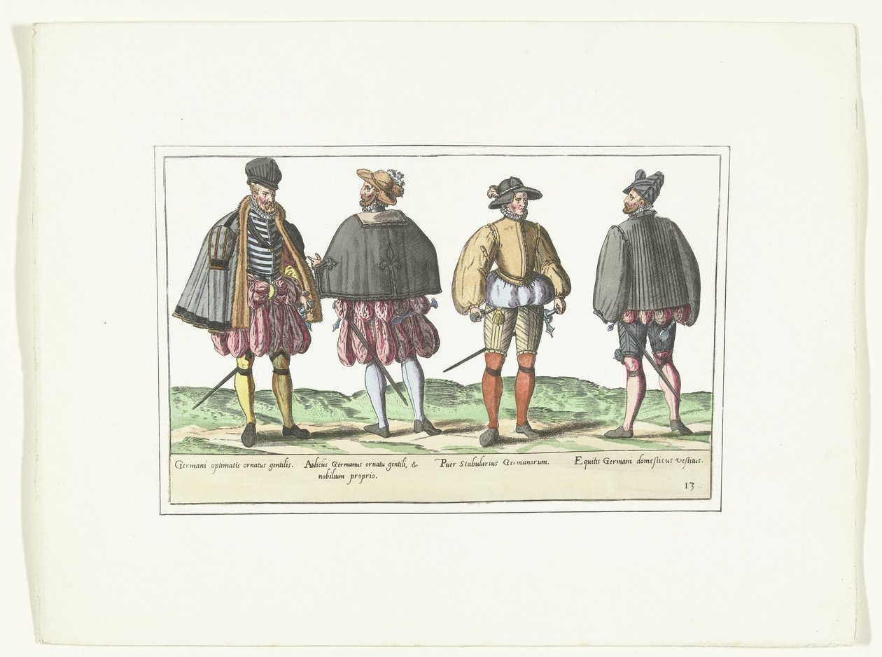 Fyra män klädda i tyskt mode, ca 1580 Kostymer Allemands (titel på objekt) av Anonymous