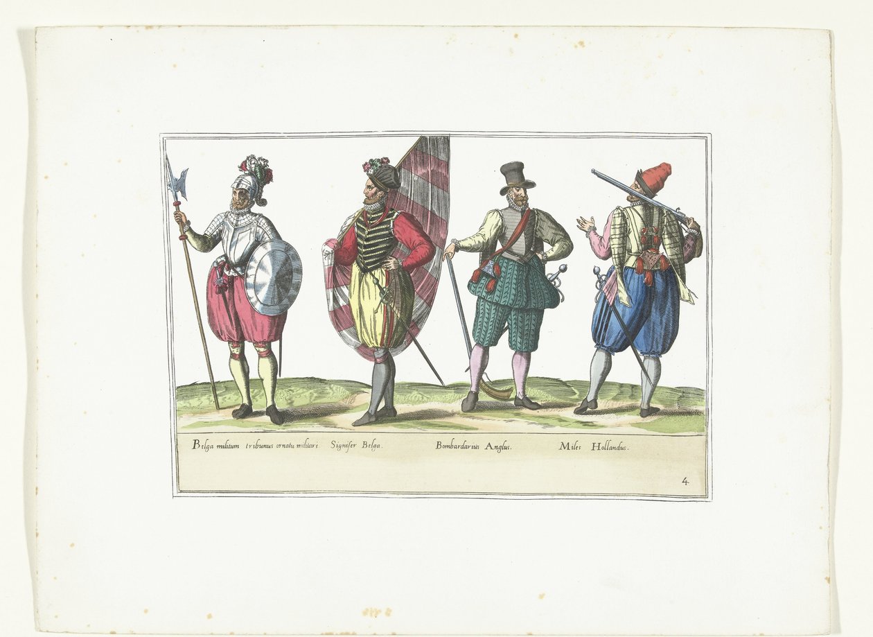 Fyra soldater i uniform enligt mode i Nederländerna och England, ca 1580 Costumes Militaires des Pays-Bas (titel på objekt) av Anonymous