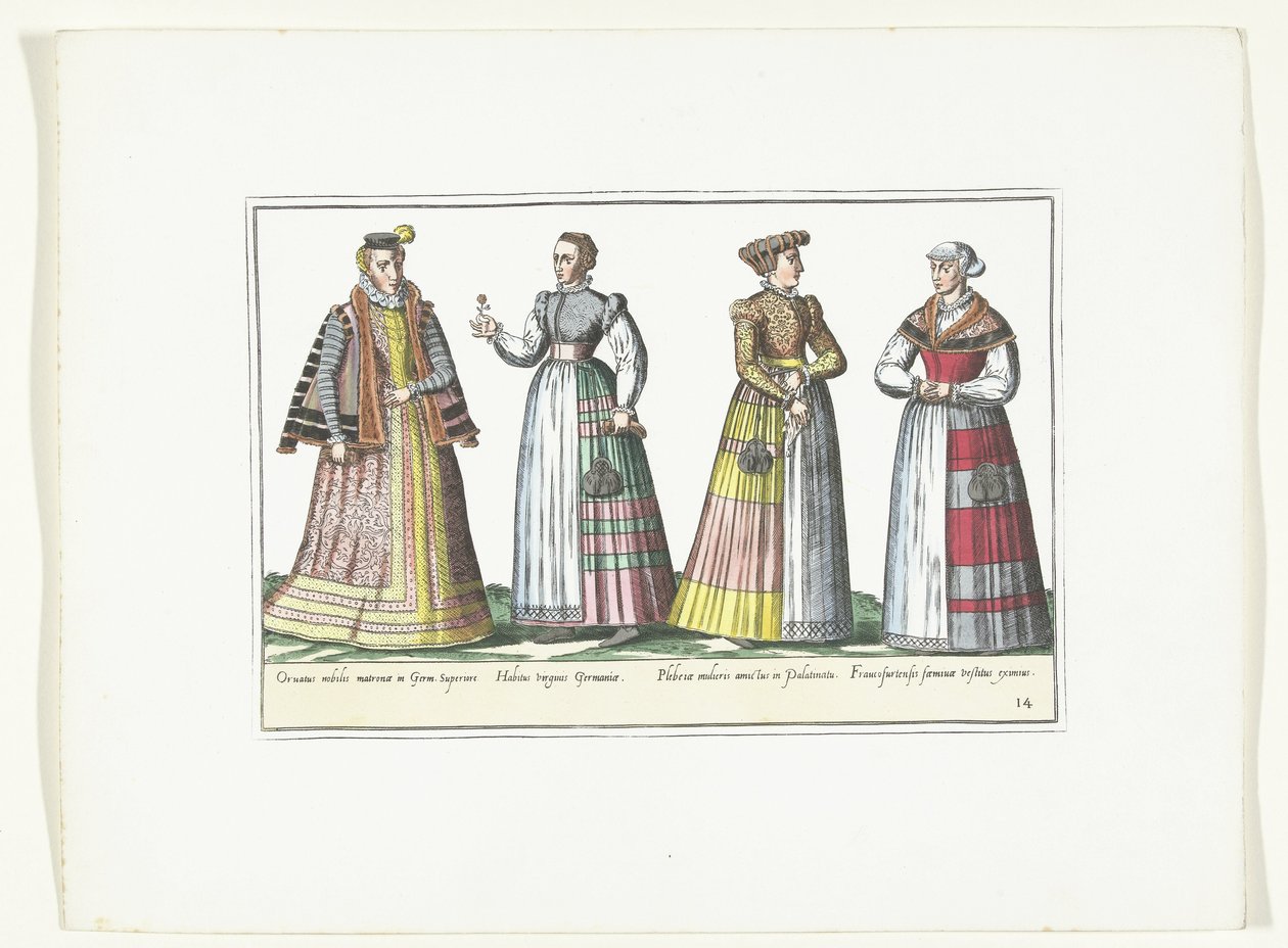 Fyra kvinnor klädda enligt tyskt mode, ca 1580 Kostymer Allemands (titel på objekt) av Anonymous