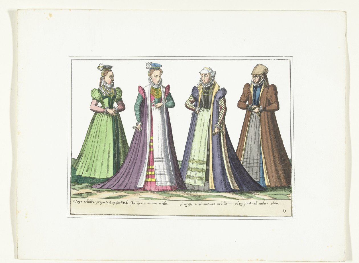 Fyra kvinnor klädda i tyskt mode i Augsburg, ca 1580 Kostymer Allemands (titel på objekt) av Anonymous