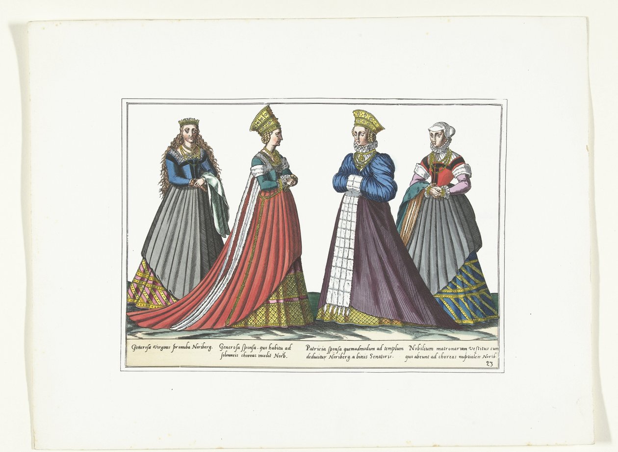 Fyra kvinnor klädda i tyskt mode i Nürnberg, ca 1580 Kostymer Allemands (titel på objekt) av Anonymous