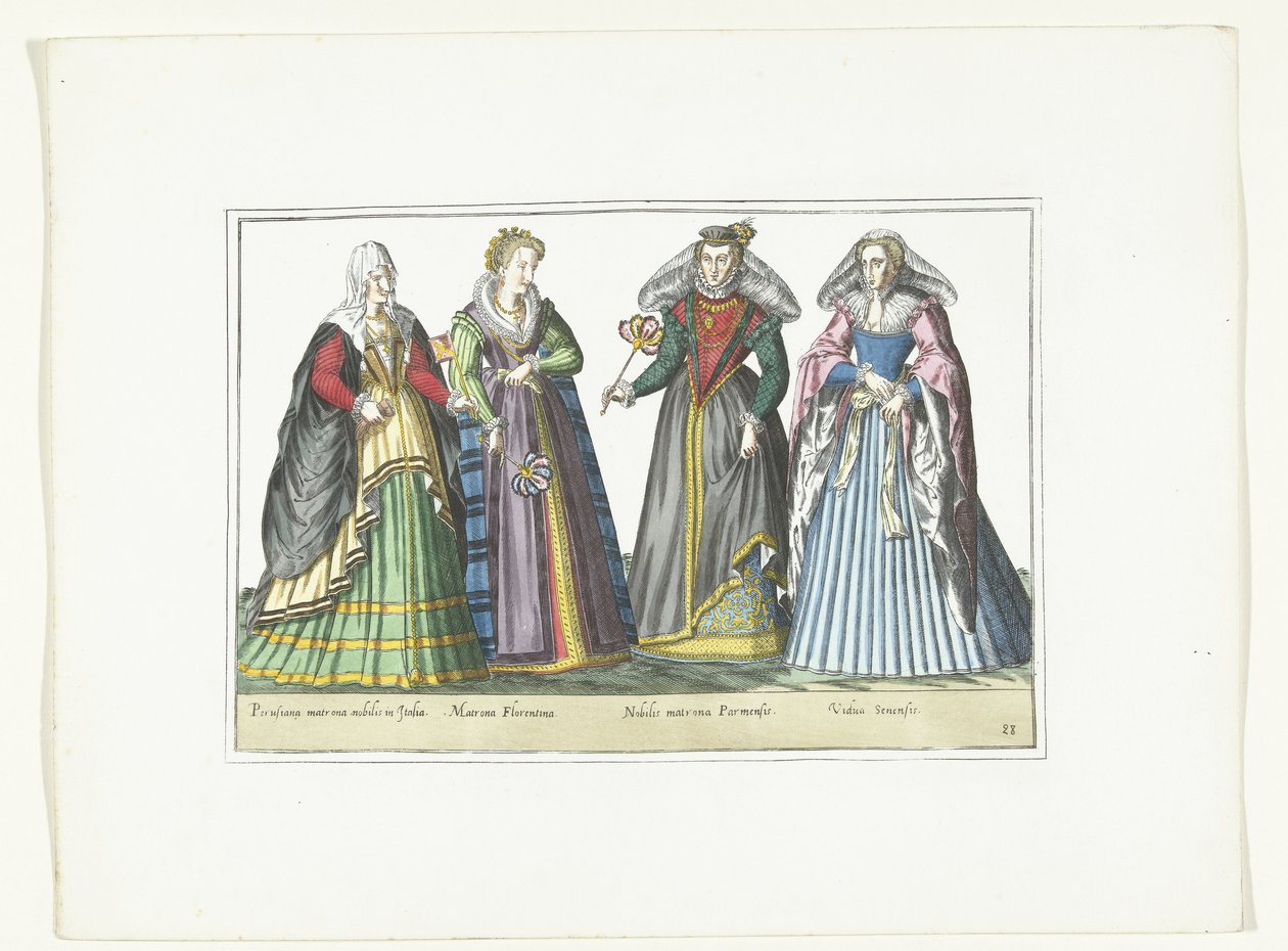 Fyra kvinnor klädda i italienskt mode, ca 1580 Kostymer Italiens (titel på objekt) av Anonymous
