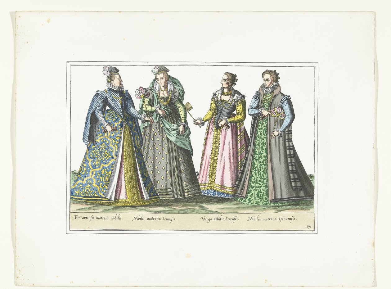 Fyra kvinnor klädda enligt italienskt mode, ca 1580 Kostymer italienare (titel på objekt) av Anonymous