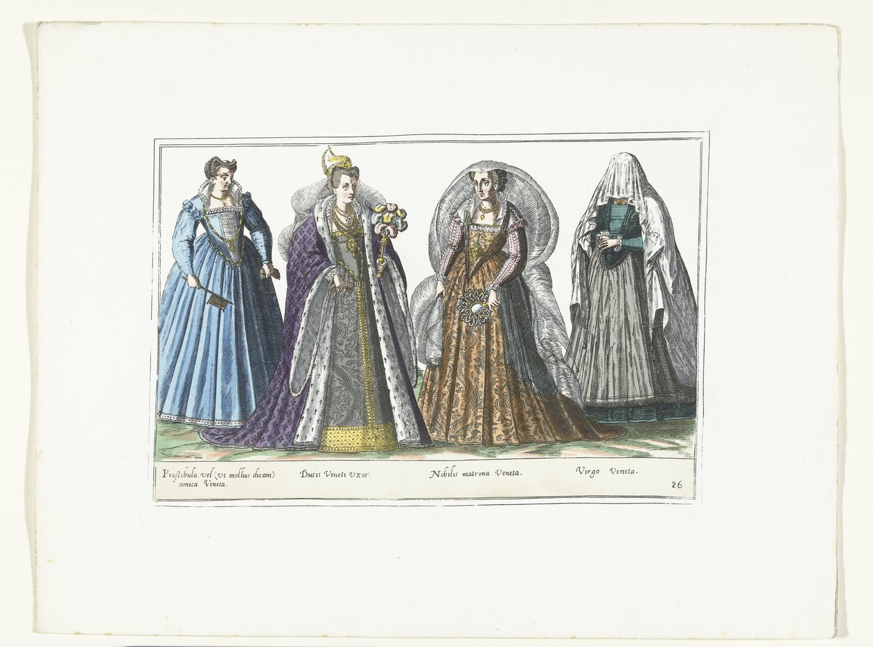 Fyra kvinnor klädda i venetianskt mode, ca 1580 Kostymer italienare (titel på objekt) av Anonymous