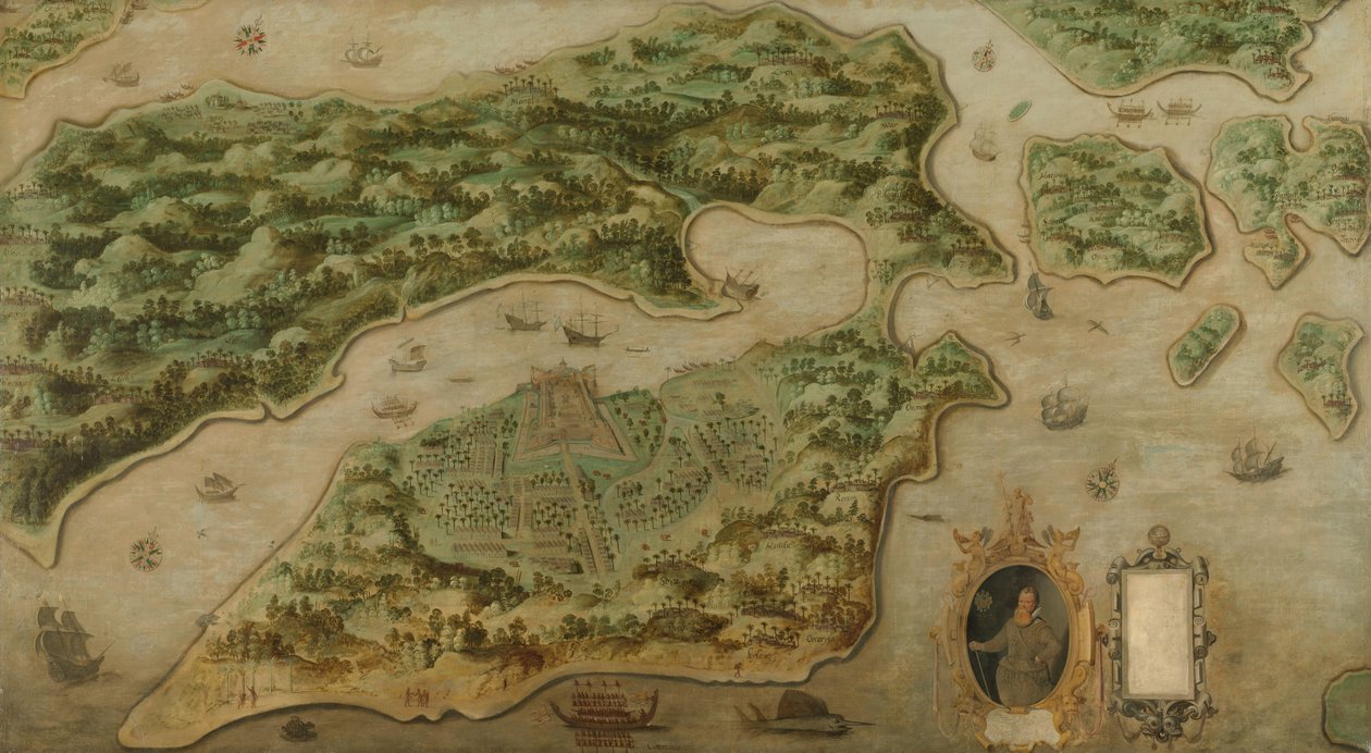Utsikt över Ambon Fågelperspektiv över Ambon, med ett porträtt av Frederik Houtman (1571-1627) i en kartusch av Anonymous