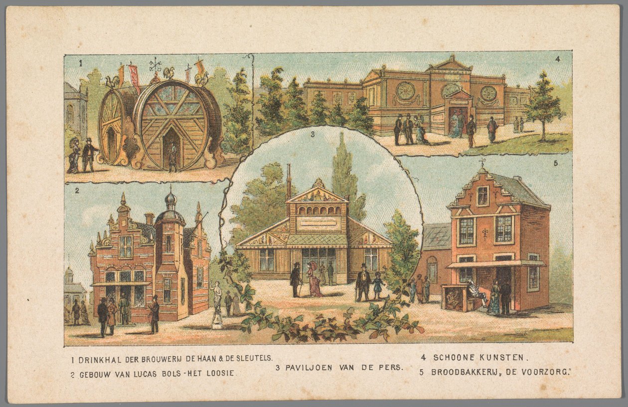 Fem paviljonger på världsutställningen i Amsterdam, 1883 1 Dryckeshall på bryggeriet De Haan & De Sleutels. 2 Byggnad av Lucas Bols - Het Loosie. 3 Tryck på Paviljong. 4 Konst. 5 De Voorzorg brödbageri. (titel på objekt) Påminnelse aa av Anonymous