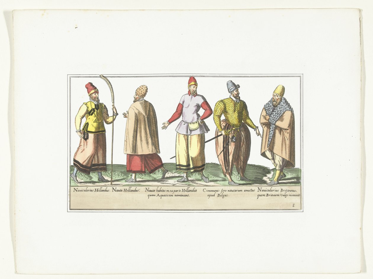 Fem sjömän klädda i mode från Nederländerna och Bretagne, ca 1580 Kostymer marins (titel på objekt) av Anonymous