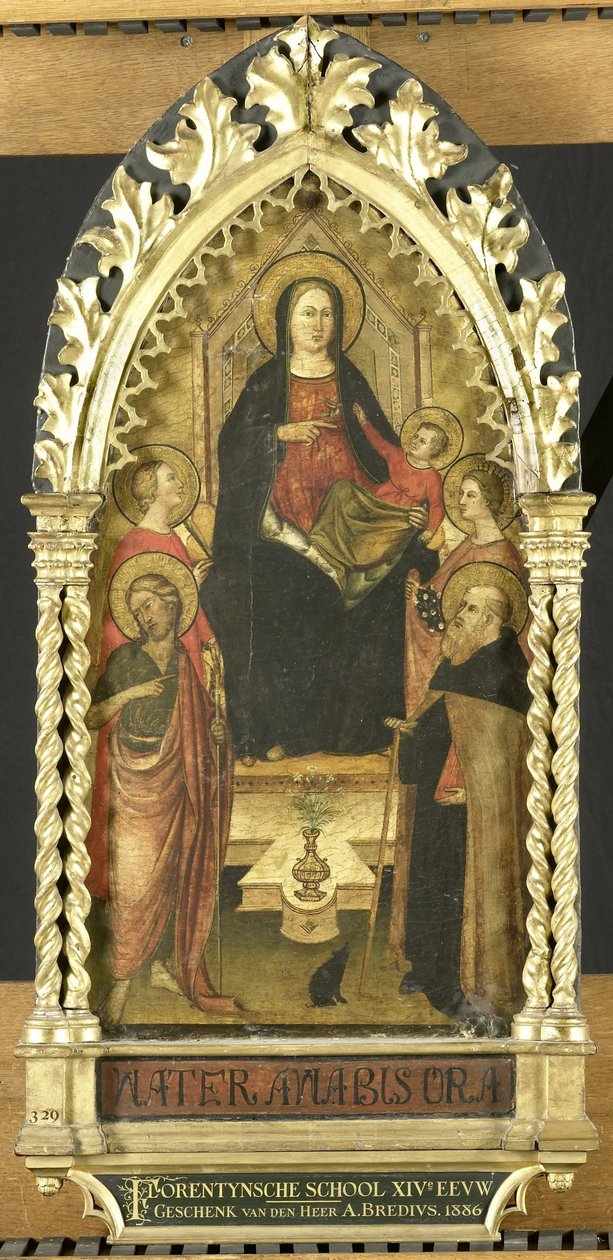 Jungfru och barn på tronen med fyra heliga, de heliga Johannes Döparen, Antonius Abbot, Elisabet av Ungern, ett kvinnligt helgon av Anonymous