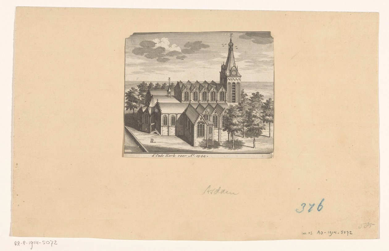 Fågelperspektiv över Oude Kerk i Amsterdam, före 1544 d
