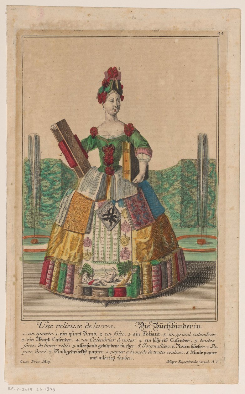Kvinna med en kostym av böcker Relieur de livres / Der Buchbinder (titel på objekt) av Anonymous