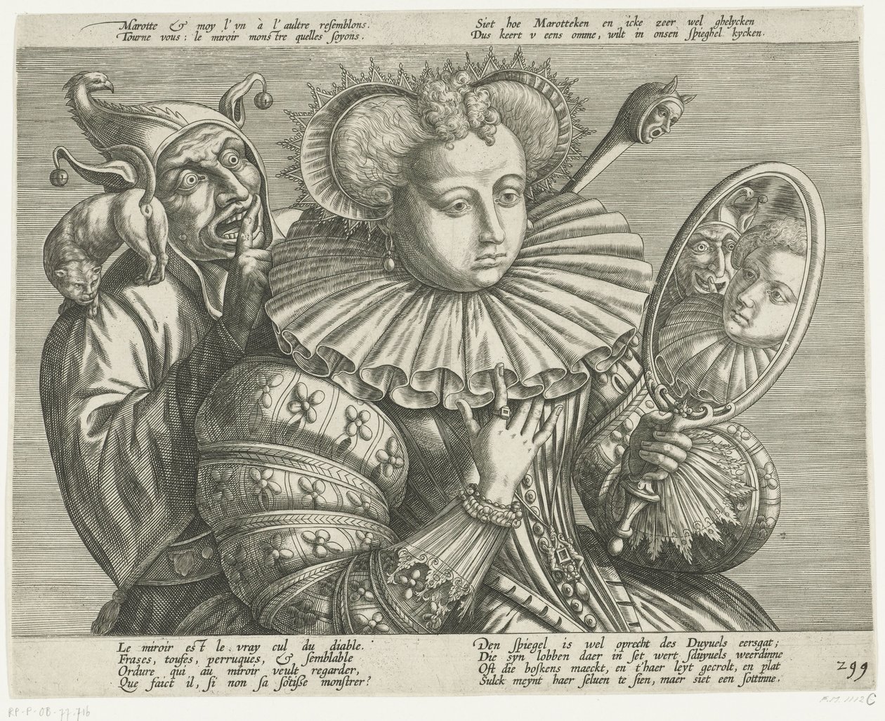 Kvinna med spegel och gycklare: tecknad film på den dyrbara styva ruffen, ca 1600 av Anonymous