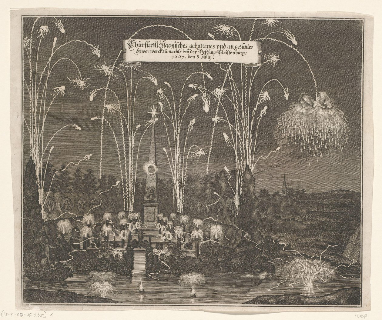 Fyrverkerier i Pleißenburg den 8 juli 1667 Churfürstl: Sachsisches gehaltenes und an gezentes Fewer werck zu nachts beij fästningen Pleissenburg, 1667, den 8 juli (titel på objektet) av Anonymous